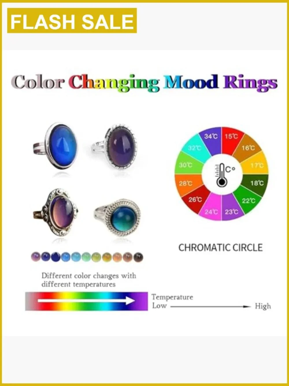 4-Piece Adjustable Mood Ring Set - Oval Gemstone Crystals